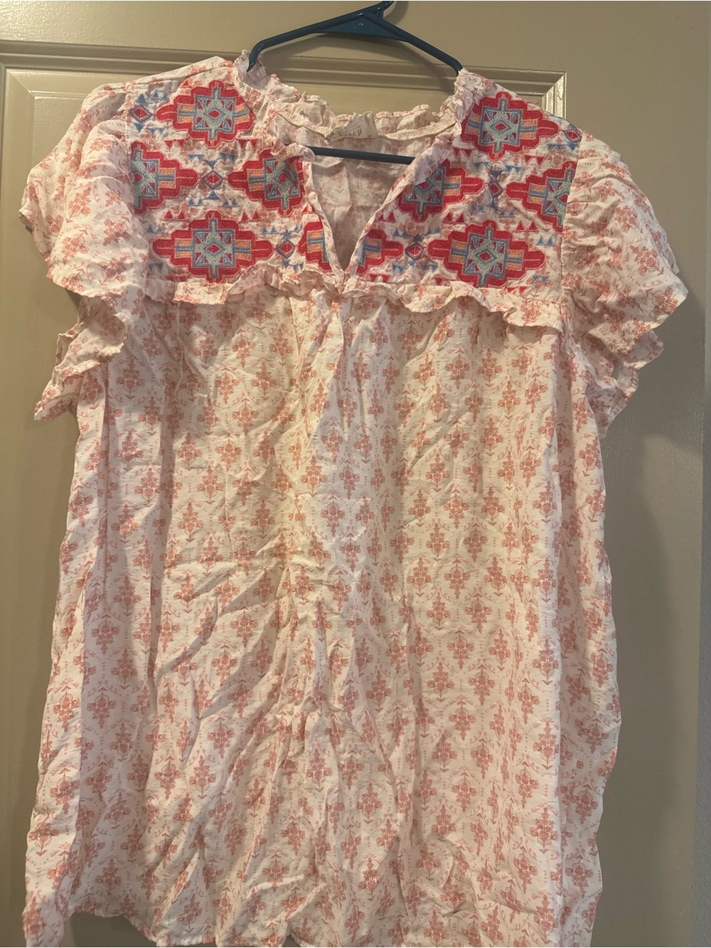 Embroidered Ruffle Boho Blouse in Light Pink